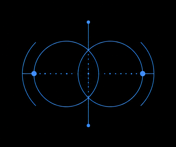 Two overlapping circles of the same size, mirrored around a shared axis