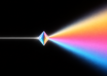 A single white beam entering a prism and separating into three coloured bands